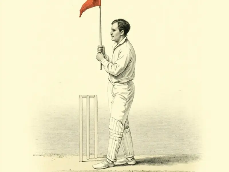 Cricket captain holding crimson flag at center of pitch, vintage engraving