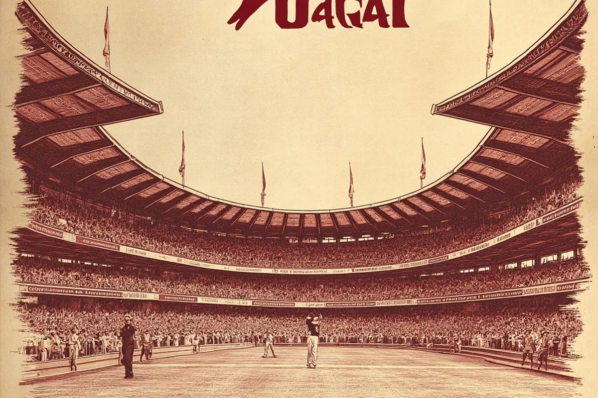 Vintage stadium gallery with crimson pennants, contest hall, online fantasy cricket competition