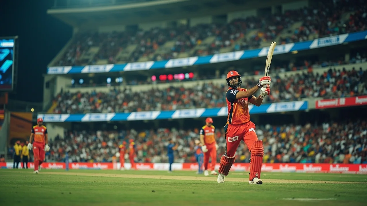 Medium tactical framing of a fielding side set for a death-overs plan at the Narendra Modi Stadium, with the slip cordon and a deep third visible, used here to illustrate the venue's chase-friendly bowling math