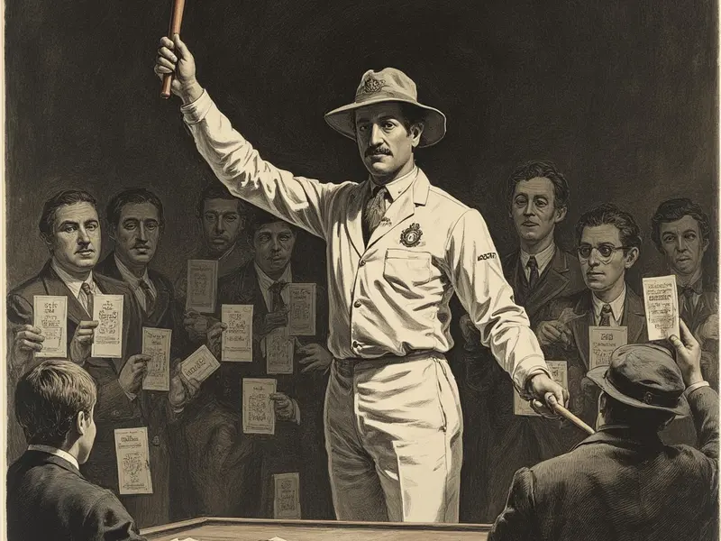 Cricket auction podium with crimson gavel raised, bidders holding paddles, real-time online bidding screens