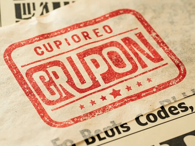 Crimson coupon stamp peeled back on cream newspaper page, instant bonus codes printed in deep red
