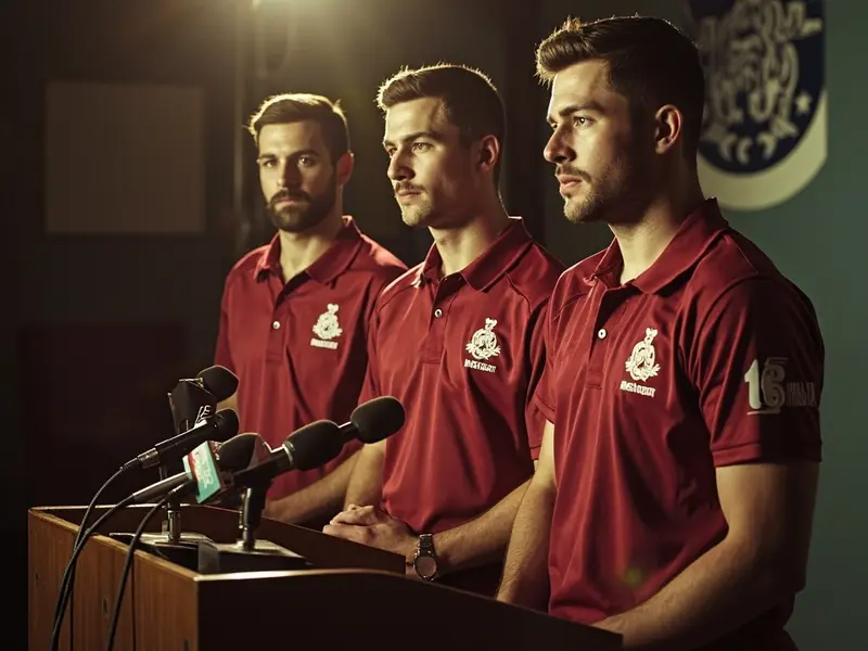 Editorial spotlight on three cricket batsmen in crimson uniforms at a press conference podium