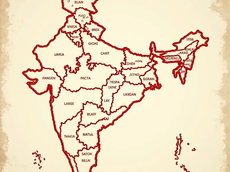 India map outline in crimson ink with state-by-state check marks, online eligibility grid