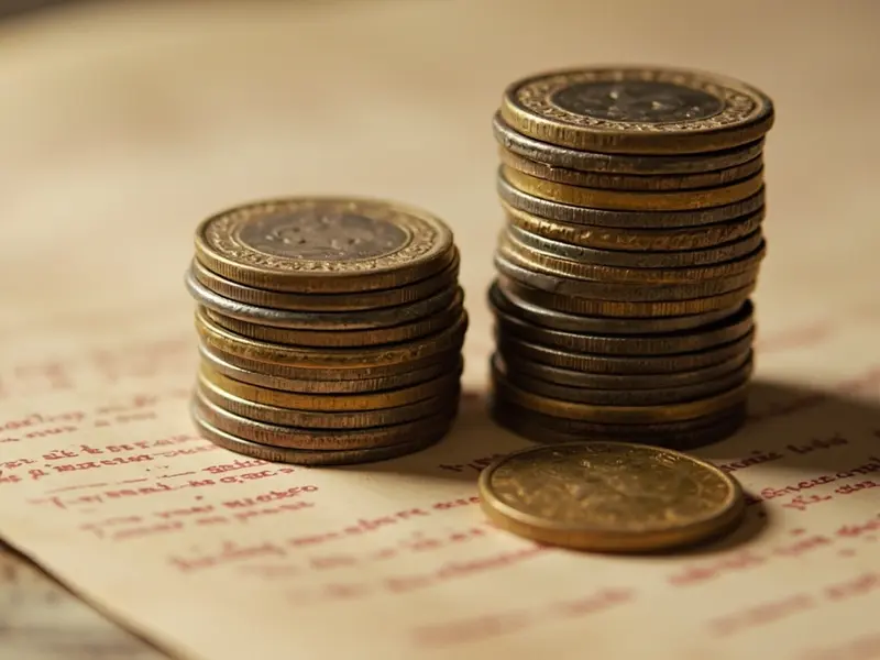 Vintage editorial coin stacks with crimson ink ledger book, bankroll management